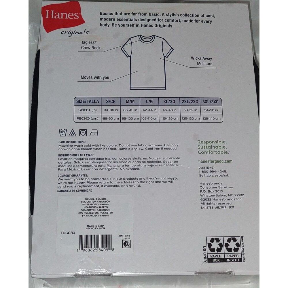 Hanes Men's Stretch Black & Gray T-Shirts, 3 Pack, Size Large New - Picture 2 of 2